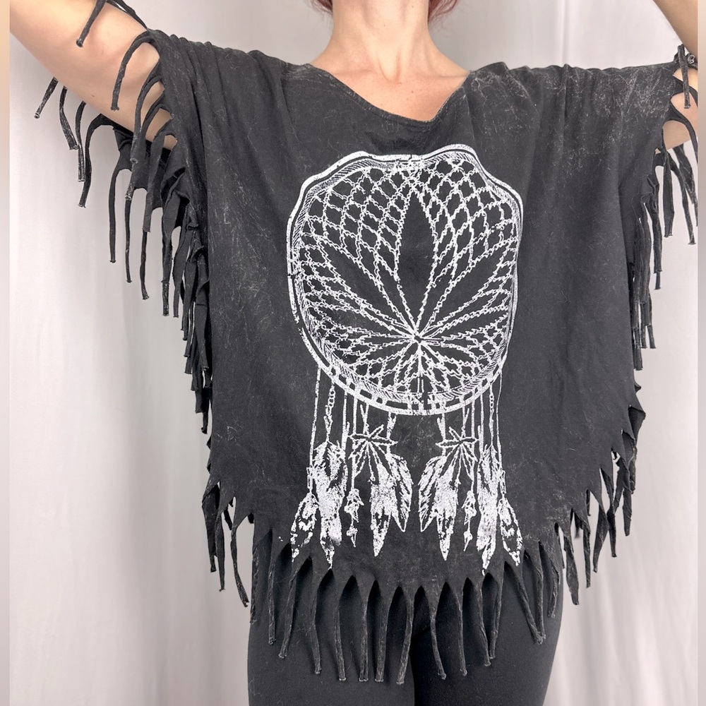 Fringed Black Dreamcatcher Poncho Shrug